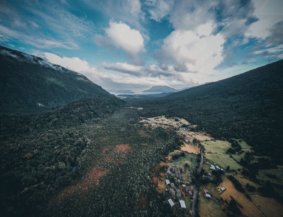 Aerial view of lush forests and mountains in southern Chile