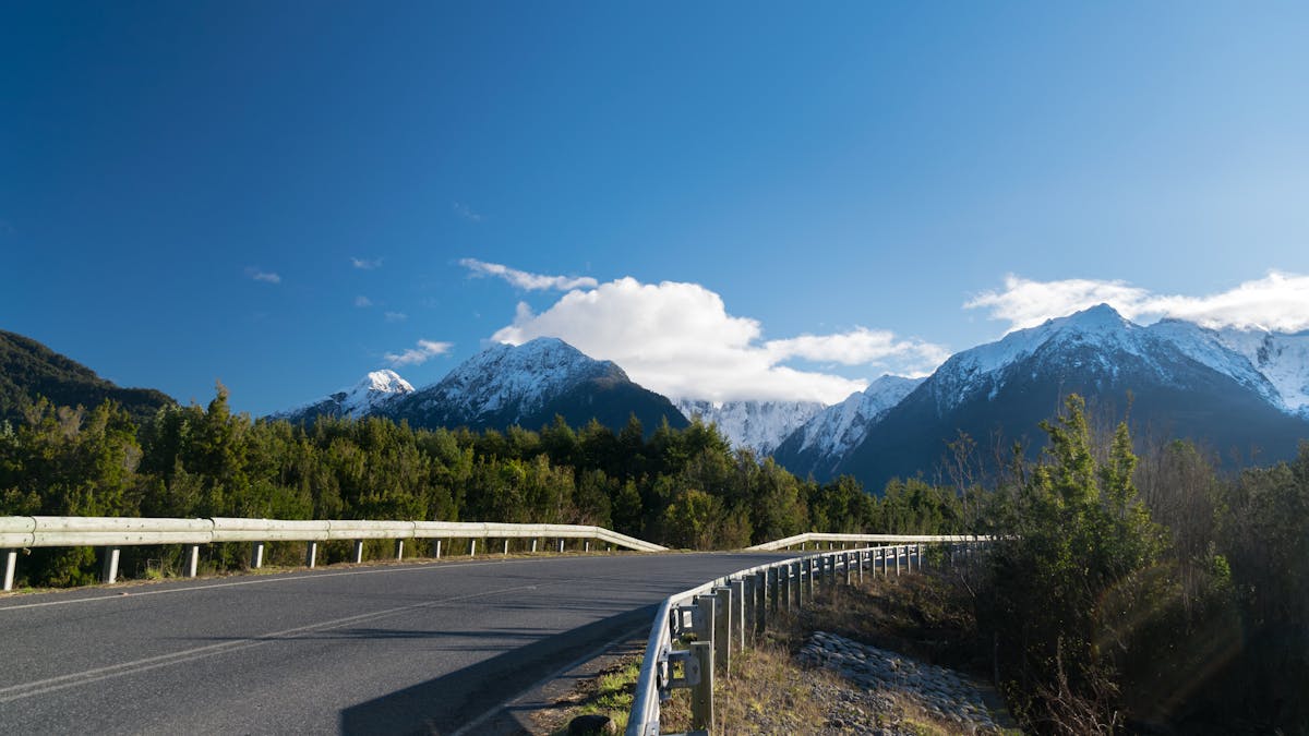 Road winding through lush green forest with snow-capped mountains on the Carretera Austral