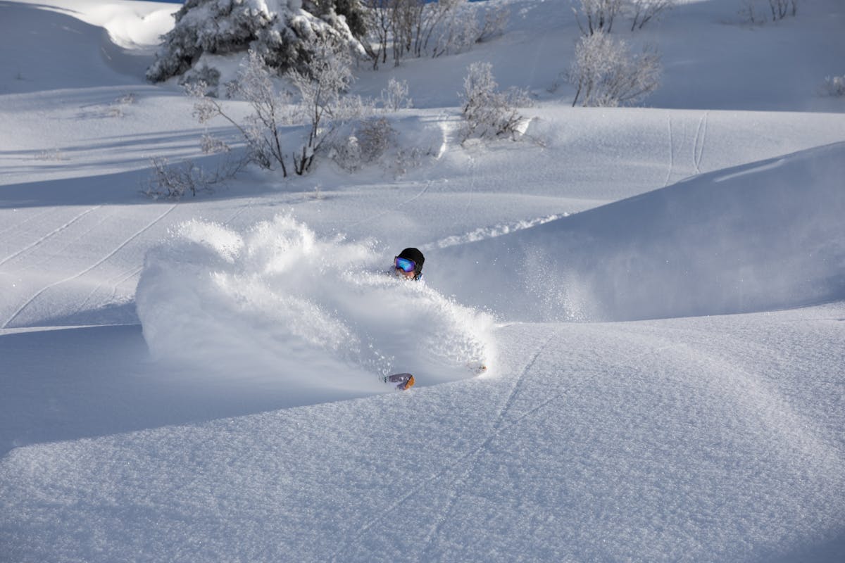 Skier carving through deep powder snow on a mountain slope