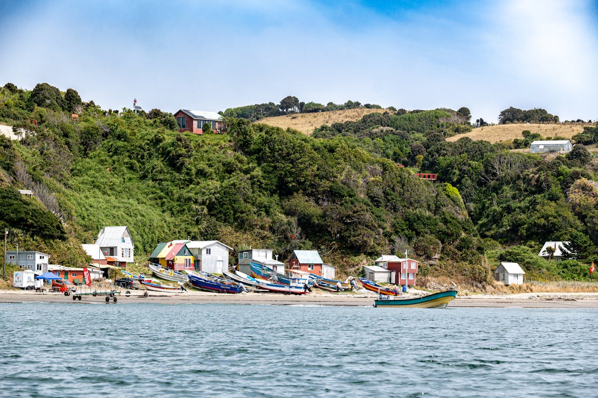 Coastal village in Los Lagos, Chile with colourful fishing boats and lush green hills