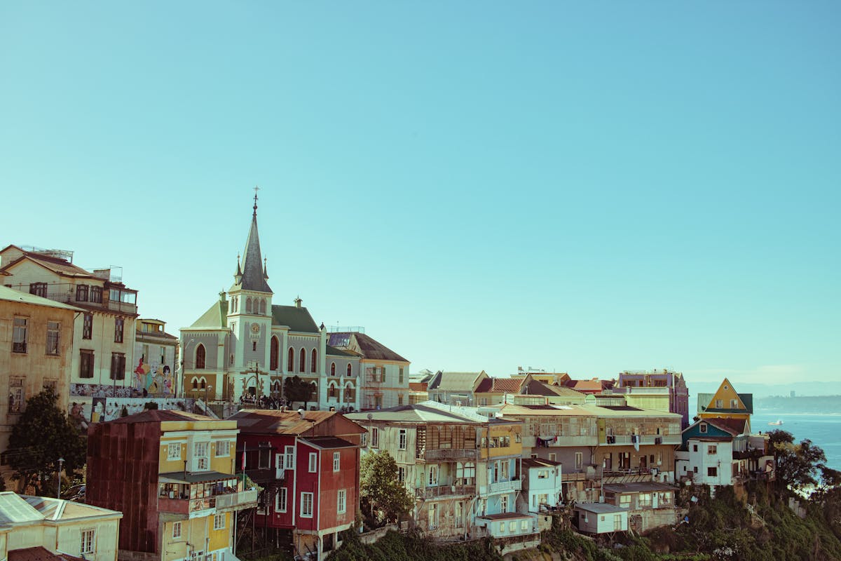 Colorful houses and coastal cityscape of Valparaiso Chile under a clear blue sky