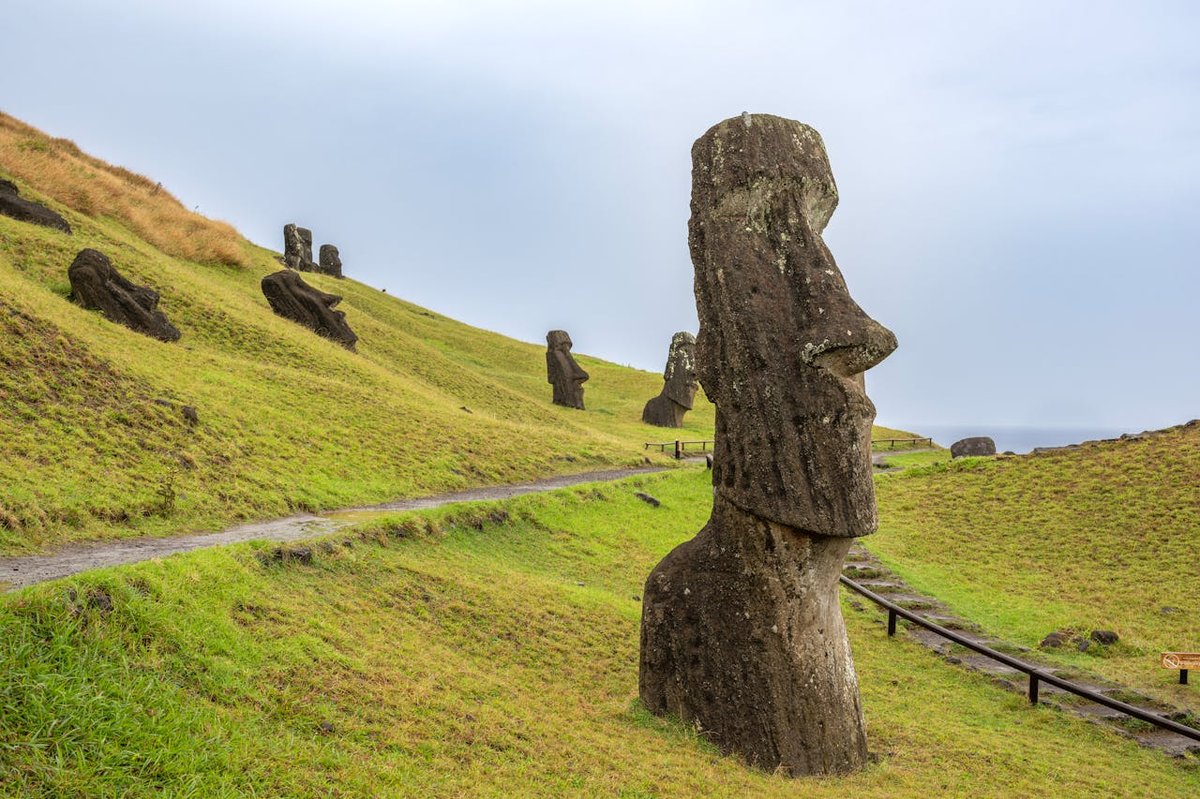 Multiple moai statues scattered across a green hillside on Easter Island under blue sky