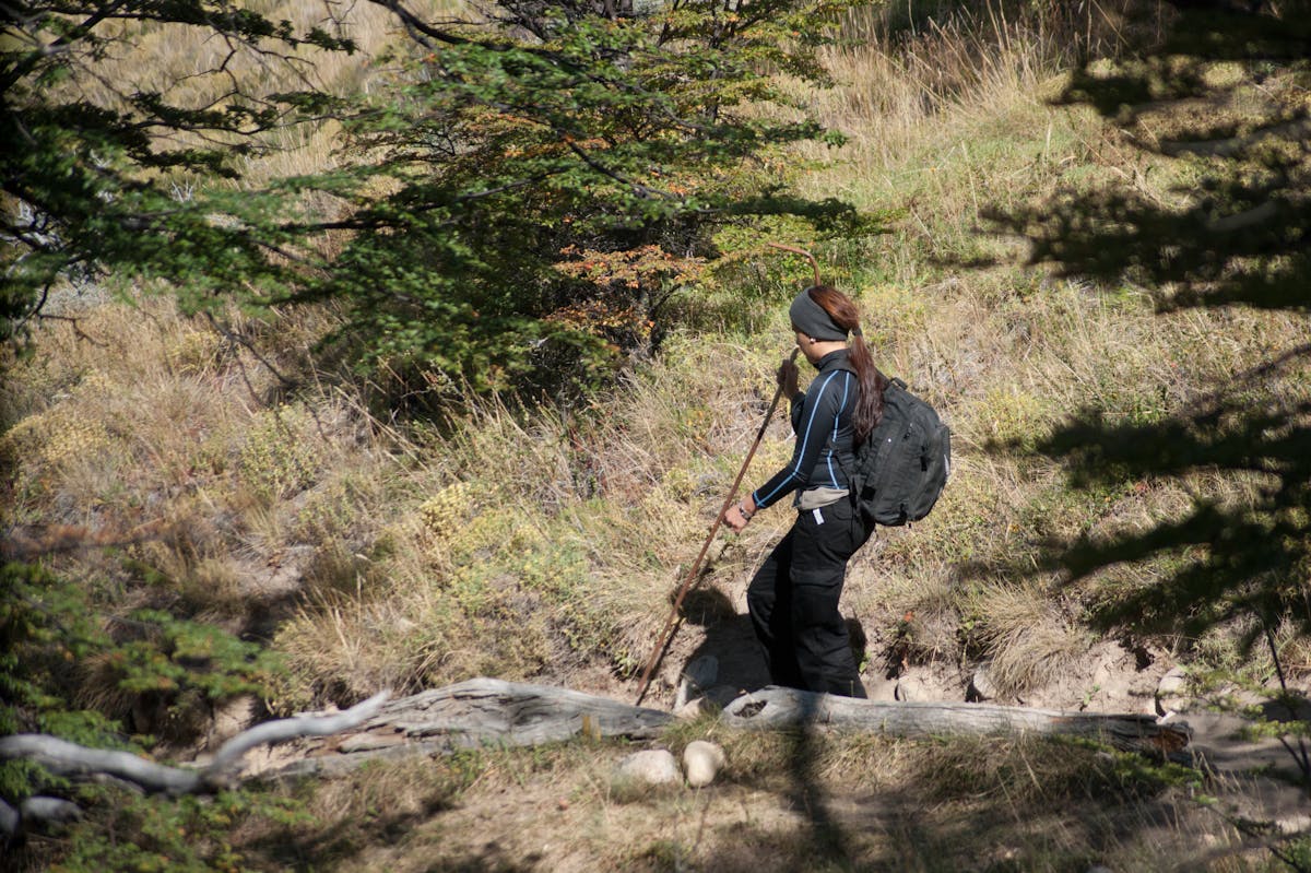 Hiker on a trail through El Chalten with sweeping mountain views and green vegetation