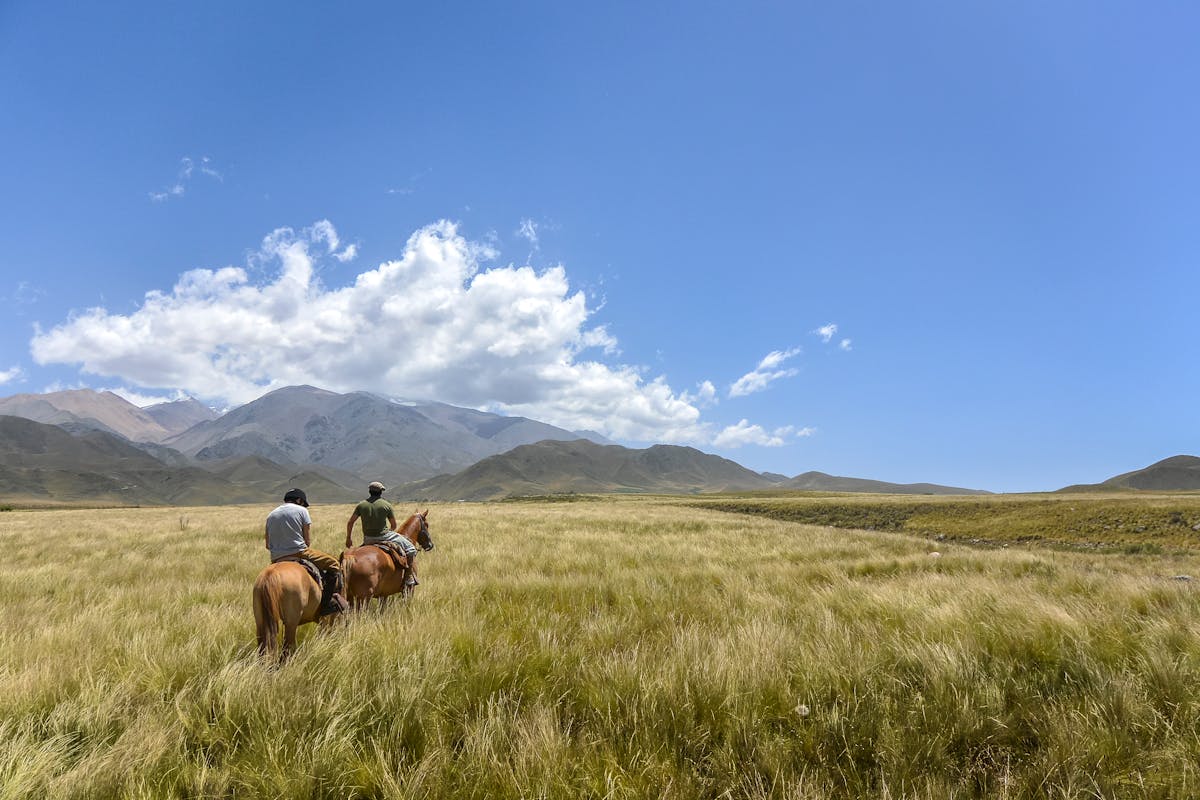Two horseback riders crossing open grassland with mountains in the distance under clear skies