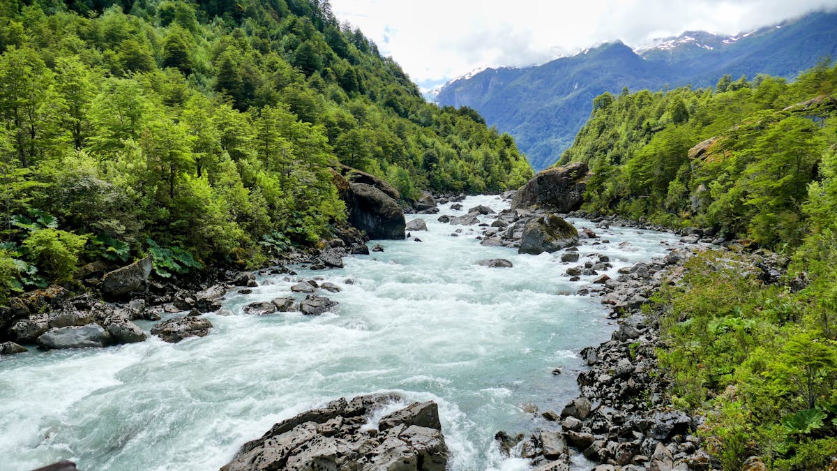 River flowing through a lush green valley near Coyhaique, Chile with forested hills