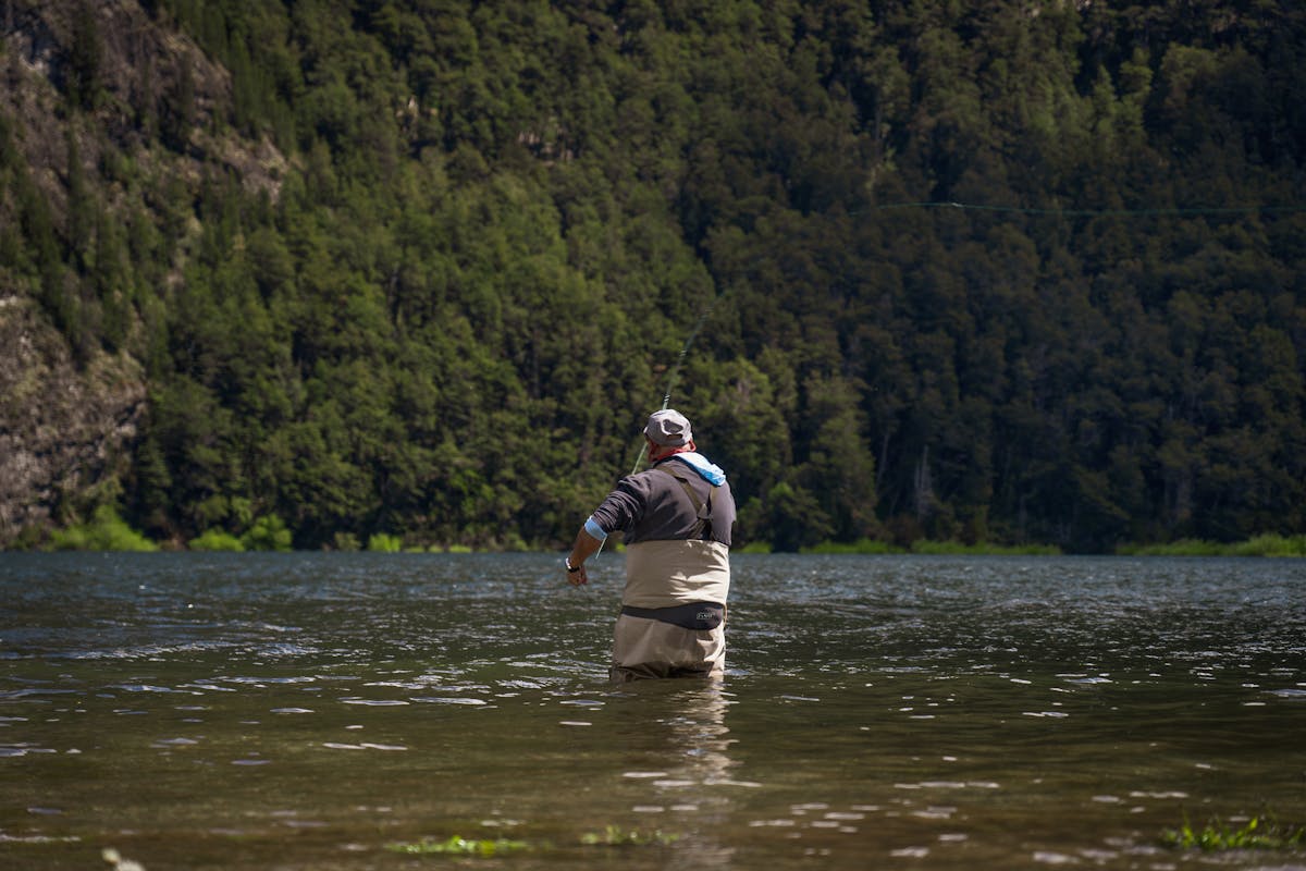 Man fly fishing alone in a Patagonian lake surrounded by green mountains and forest