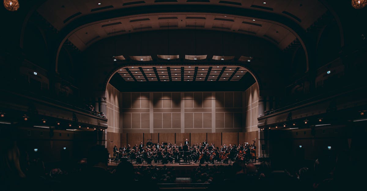 Orchestra performing on stage in an elegant concert hall with warm lighting