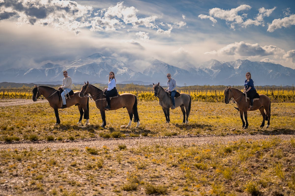 Four horseback riders on a mountain trail under a dramatic sky with dramatic peaks behind them
