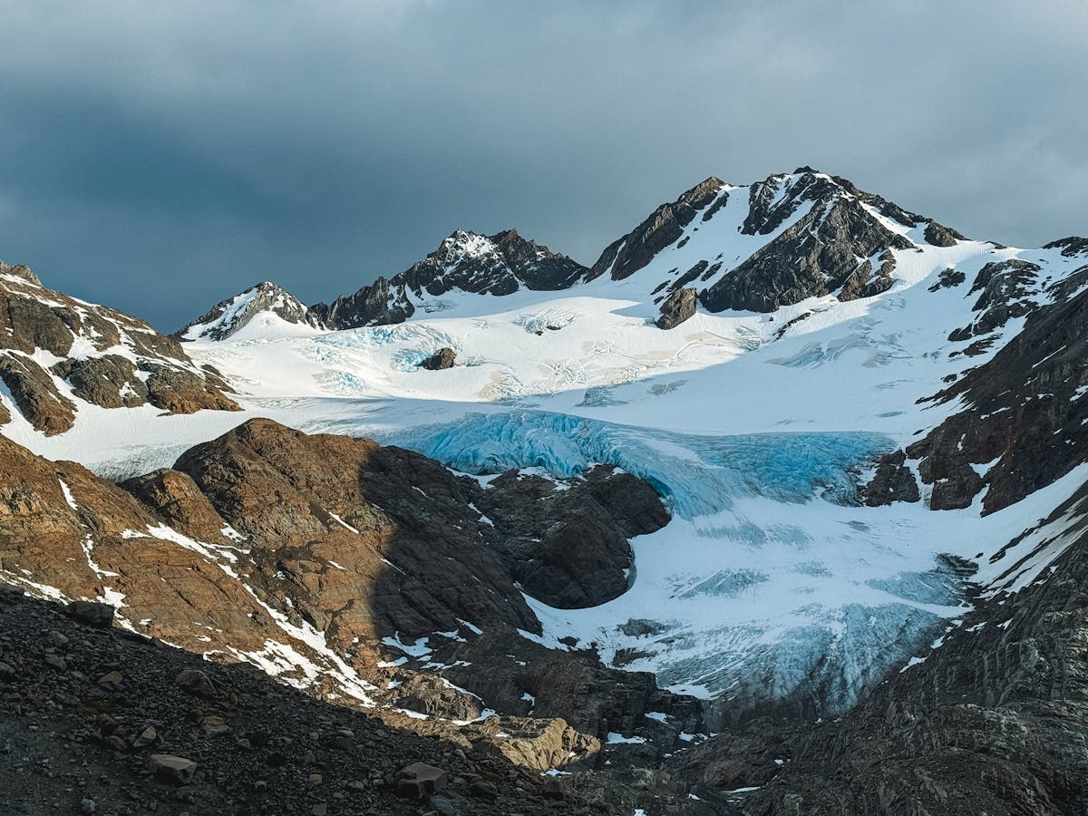 Snow-covered mountains and glaciers in Chilean Patagonia with dramatic peaks