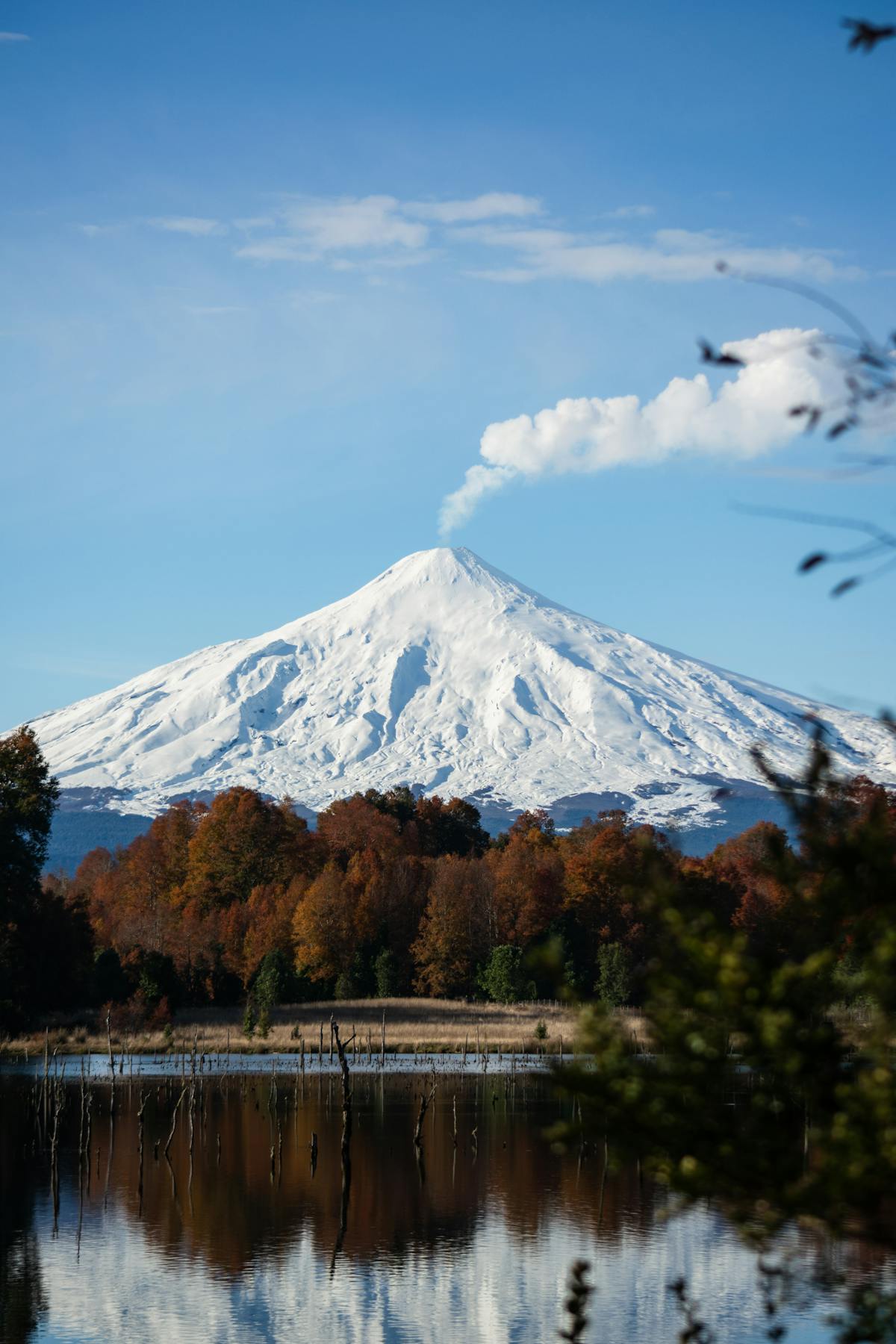 Snow-capped Andean volcano reflected in a high-altitude lake