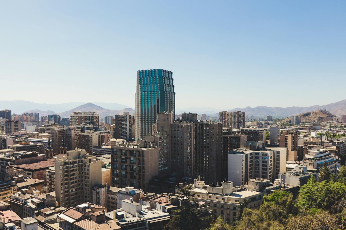 Aerial view of Santiago Chile skyline with snow-capped Andes mountains in the background
