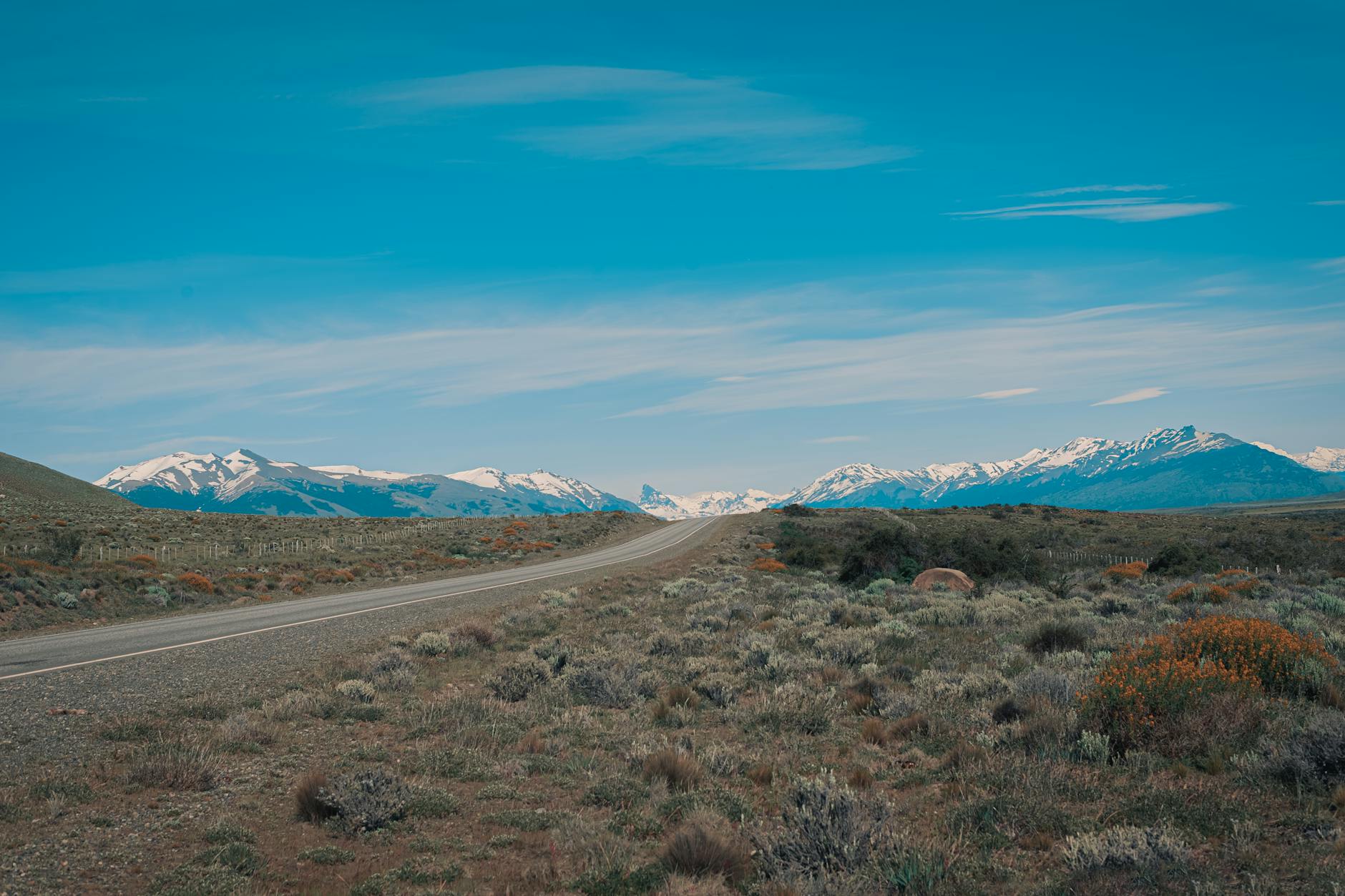 Long straight road through vast open countryside with mountains in the distance under clear sky