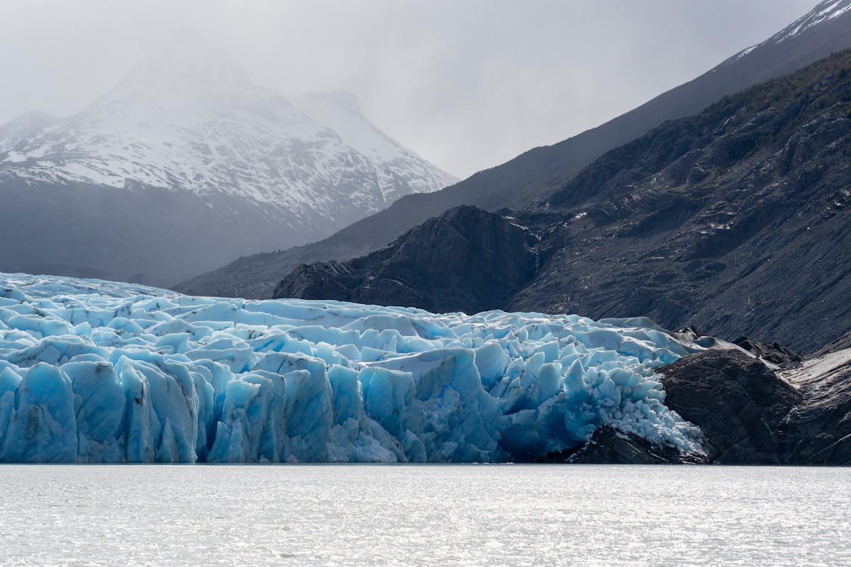 Glacier in Torres del Paine showing icy blue formations and rugged landscape